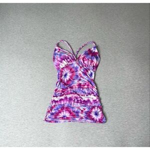 GUESS Women’s Tie-Dye Open Back Knotted Racerback Padded Plunge Top